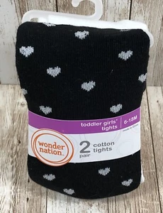 New Toddler Girl’s 2 Pair Cotton Tights Solid White & Black With Hearts 6-18M - Picture 1 of 7