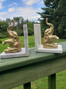 Brass Elephant Statue On White Marble Base Book Ends Library Den - Picture 1 of 8