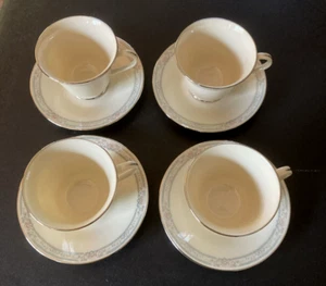 Set of 4 Lenox Charleston Footed Cups & Saucers w Platinum Trim Embossed Floral - Picture 1 of 10