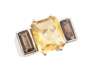 925 Sterling Silver Vintage Ring Rectangle Citrine & Smoky Quartz Sz 9 RG29911 - Picture 1 of 7