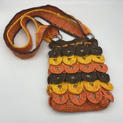 Handmade brown, orange, yellow crocheted purse Hippie Retro Fall Style - Image 1 of 4