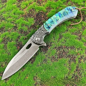 8''New Fast Opening Shell Handle VG10 Damascus Blade Pocket Folding Knife VTF108 - Picture 1 of 7