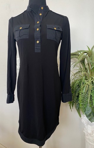 Abito camicia da donna Tory Burch nero 100% oro rayon taglia XS OTTIME CONDIZIONI! $329