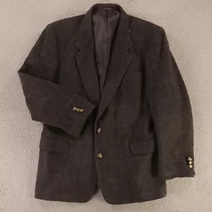 Tweed Jacket L Gray Windowpane Check Herringbone 100% Wool Crested Buttons 44R - Picture 1 of 15