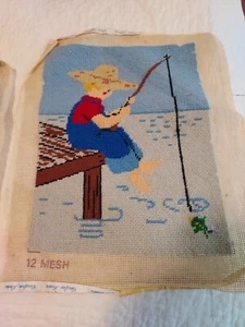 Vintage Needlepoint Fisherman Ready To Frame Some wear 9 X 12 well done - Picture 1 of 9