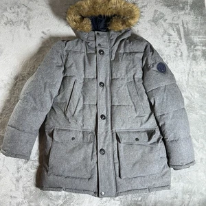 Tommy Hilfiger Hooded Parka Puffer Jacket Mens Large Gray Faux Fur Hood - Picture 1 of 12