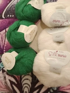 Mixed Lot 6 x 25gm balls - Mohair. Wool Green , White. Soft. - Picture 1 of 6