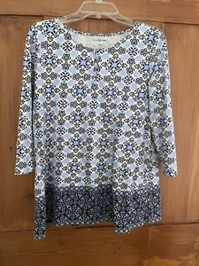 Kim Rogers Blue Black White Knit Top Size Large - Picture 1 of 4