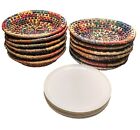 Lot of 12 Multicolor Handwoven Deep Baskets w Plastic Plates Anchor Hocking HTF