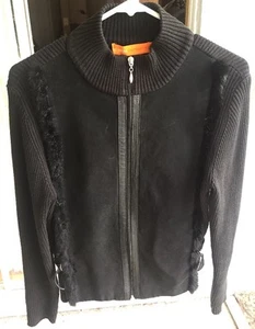 Cynthia Steffe Leather Sweater Fur Cotton Ribbed Black Suede - Picture 1 of 8
