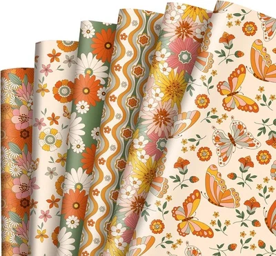 AnyDesign 12 Sheets Boho Groovy Floral Wrapping 1 Count (Pack of 12), Orange  - Image 1 of 4