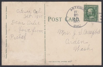 Artesia, California 1910 (Doane Cancel) to Arden, Wash. DPO SI=4 (Stevens Co.) - Image 1 of 2