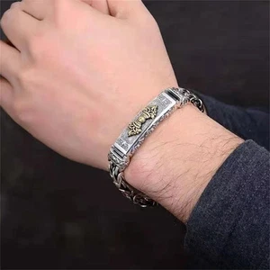Men's Solid s925 Silver Vintage Cross Watch Chain Bracelet Wristband Curb Bangle - Picture 1 of 8