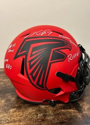 MICHAEL VICK Signed Full Size Replica Helmet Falcons CRAZY INSCRIPTIONS w/VISOR  - Image 1 of 4