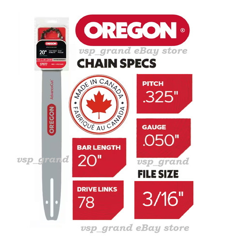 20 in OREGON CHAINSAW BAR and H78 CHAIN 78 Link .325” Pitch .050 Ga ...