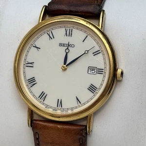 Vtg Seiko Watch Men 34mm White Dial Gold Tone Date Round 7n39-0a19 New Battery - Picture 1 of 10