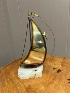 Vintage Signed John De Mott Brass Copper Sailboat Sculpture on Onyx Base 9 1/2" - Picture 1 of 7