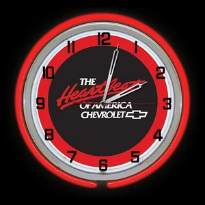 Chevrolet Heartbeat of America Sign 19" Red Double Neon Clock Garage Man Cave - Picture 1 of 2