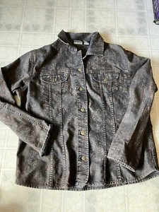 Chico's Jean Jacket Size 2 Large brown Floral Print Stretch Denim Button Front - Picture 1 of 4