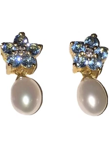10k yellow gold genuine blue Topaz flowers Drop Pearls new fine Earrings Dia acc - Picture 1 of 12