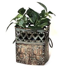 Vintage Planter Flower Pot Holder Square Metal Green