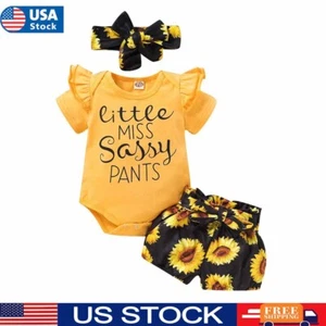 USA Newborn Baby Girl Romper Tops Pants Sunflower Headband Set Outfits Clothes - Picture 1 of 15