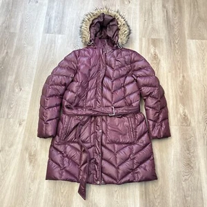 Lands End Womens XL Long Puffer Coat Purple Down Jacket Hooded Faux Fur Parka - Picture 1 of 12