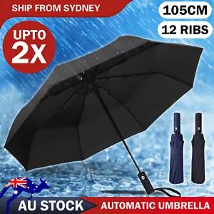 12Ribs Automatic Folding Umbrella Windproof Auto Open Compact With Fiberglass - Picture 1 of 11