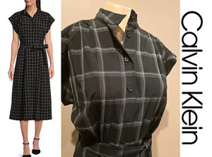 NWT CALVIN KLEIN Short Sleeve Buttons Tie Belt Midi Shirtdress Black Plaid Sz 12 - Picture 1 of 10