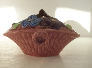 CERAMIC JAPANESE COVERED OVAL BOWL - WICKER DESIGNED BASE WITH RAISED FLORAL DES - Picture 1 of 8