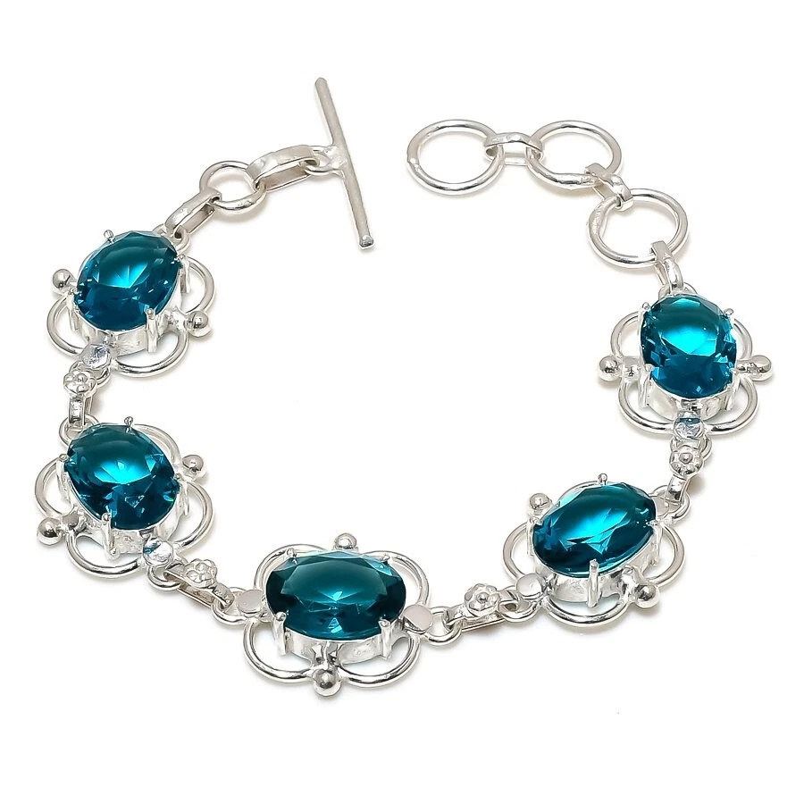 Blue Aquamarine Gemstone Handmade 925 Sterling Silver Jewelry Bracelet Size 7-8" - Image 1 of 1