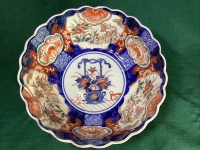 Antique MEIJI Beautiful LOBBED IMARI Bowl 7.5” Polychrome RABBITS CLOUDS LOTUS - Image 1 of 4