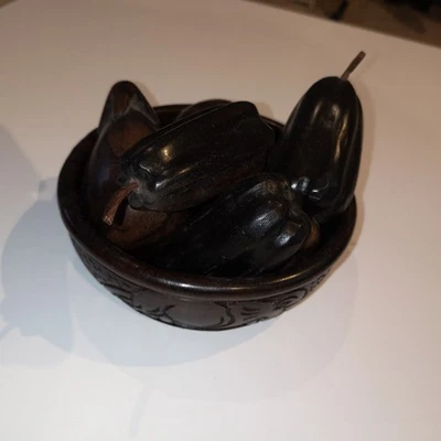 CORBEILLE FRUITS LÉGUMES Sculptés ÉBÈNE Bois Exotique AFRIQUE Trompe L'Œil Déco - Photo 1/4