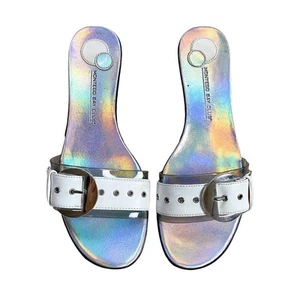 Vintage holografische flache Damenschuhe 8,5 Schnallenabsatz silberne Pantoletten Y2K 90er - Bild 1 von 5