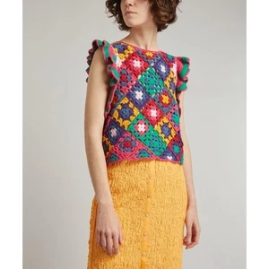 FARM RIO Talla Pequeño Multicolor Crochet Cuadrado Suéter Chaleco Mangas Flutter NUEVO - Imagen 1 de 9