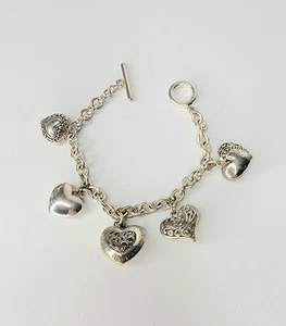 Talbots Puffy Hearts Charm Bracelet Silvertone Toggle Clasp - Picture 1 of 7