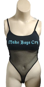 FOREVER 21 Jrs. Black Tank Thong Bodysuit Top Mesh size L "Make Boys Cry" #APP - Picture 1 of 3