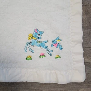 Vintage Baby Blanket Satin Edge Trim Plastic Animals Deer Flowers White 34x47 - Picture 1 of 7