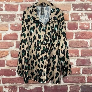 Boohoo Tunic Top Womens Size 22 Multicolor Leopard Animal Print Satin Button Up - Picture 1 of 10
