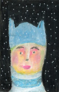 Portrait Painting Boy Blue Hat 4x6 Naive Outsider Winter Snow Art Miz Katie - Picture 1 of 12