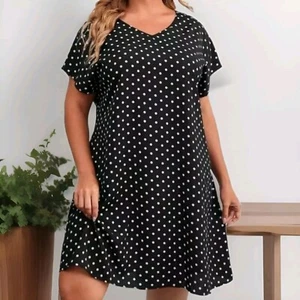 Woman Within Midi Shirt Dress Woman Plus Sz 4X 34W 36W 5X 6X Black Polka Dot New - Picture 1 of 9