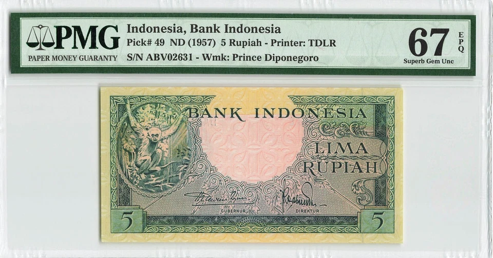 INDONÉSIA 5 rúpias 1957, P-49, PMG 67 EPQ gema soberba UNC, série animal popular - Imagem 1 de 2