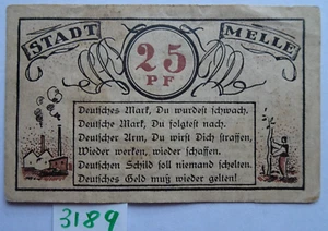 RARE GERMANY 1921 - STADT MELLE - 25 Pfg - GrM 879.1 - WATER MARK - Picture 1 of 2