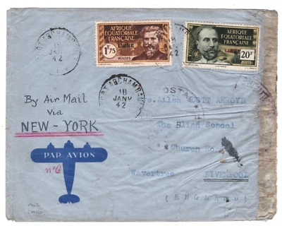 France Cols AOF CHAD Air Mail Cover Fort Archambault GB Liverpool WW2 1942 MA570 - Image 1 of 4