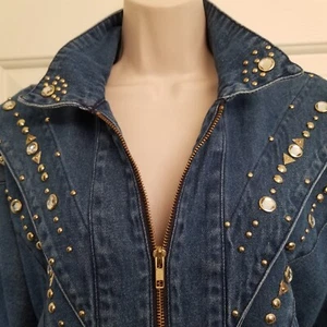 Broad Lapel Blue Denim Brass and Rhinestone Studded Jacket by Gabby & Claudia M - Picture 1 of 14