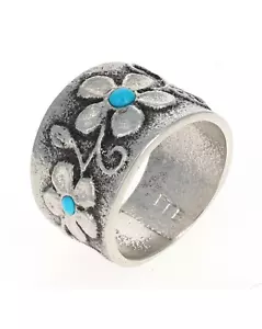 Tufa Cast Flower Ring With Natural Lone Mountain Turquoise By Rebecca T. Begay - Picture 1 of 6