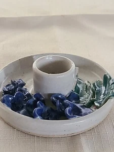 Signed Handmade glazed pottery stoneware floral candlestick holder blue white - Picture 1 of 5