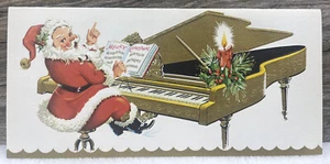 Vintage MCM 1950s Christmas Card Santa At Baby Grand Piano Embossed Unused - Picture 1 of 23
