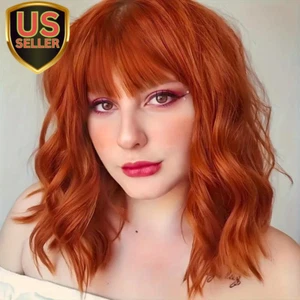 14 Inches Dark Orange Wig with Air Bangs for Women Girls Short Loose Curly Wavy - Picture 1 of 9