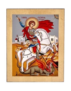 7 1/2" Shinning Gilded Gold Saint George Greek Orthodox Wooden Icon Gift 19cm - Picture 1 of 11